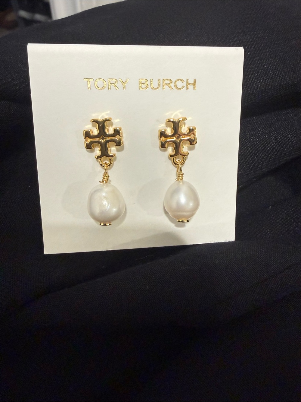 Tory Burch Gold Logo Drop Earrings with White Pearls